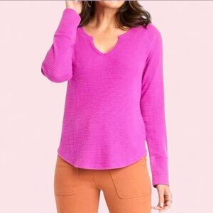 NWT Knox Rose Raspberry Pink Thermal V-Neck Top L | Boho Long Sleeve Waffle Knit